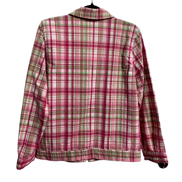 Breckenridge Womens Zip Up Collared Shacket Medium Pink Green Plaid Preppy Thin - Picture 10 of 11